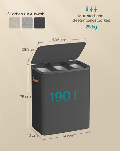 SONGMICS Wäschesortierer 190 L, 3 Fächer, mit Deckel, tintenschwarz