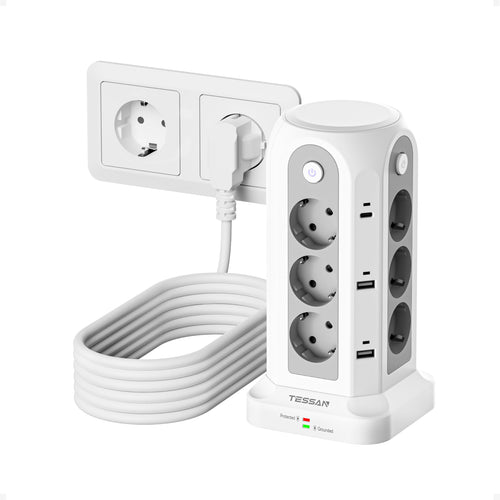 TESSAN Steckdosenturm 12-fach mit USB-C, 5 m Kabel, Weiss, Turmform mit 12 Schuko-Steckdosen und 6 USB-Anschlüssen