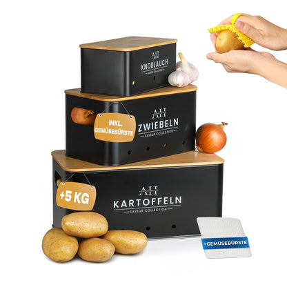AH Kartoffel Aufbewahrungsbox 5er Set mit Zwiebeltopf & Gemüsebürste – Aufbewahrung für Kartoffeln, Zwiebeln und Knoblauch
