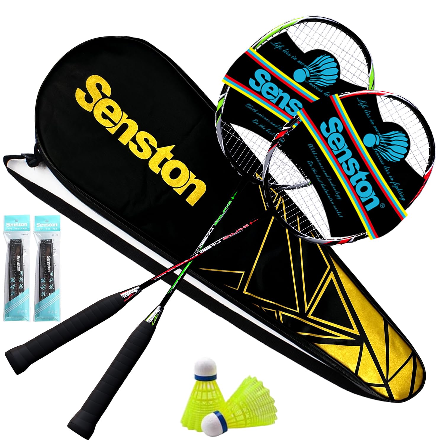 Senston Badmintonschläger Set Graphit, 2 Schläger mit Federbällen – Carbon-Aluminium-Rahmen und Griffband