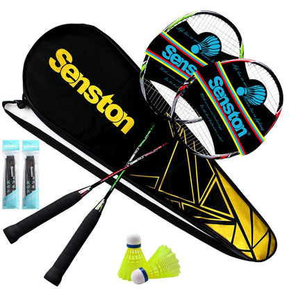 Senston Badmintonschläger Set Graphit, 2 Schläger mit Federbällen – Carbon-Aluminium-Rahmen und Griffband