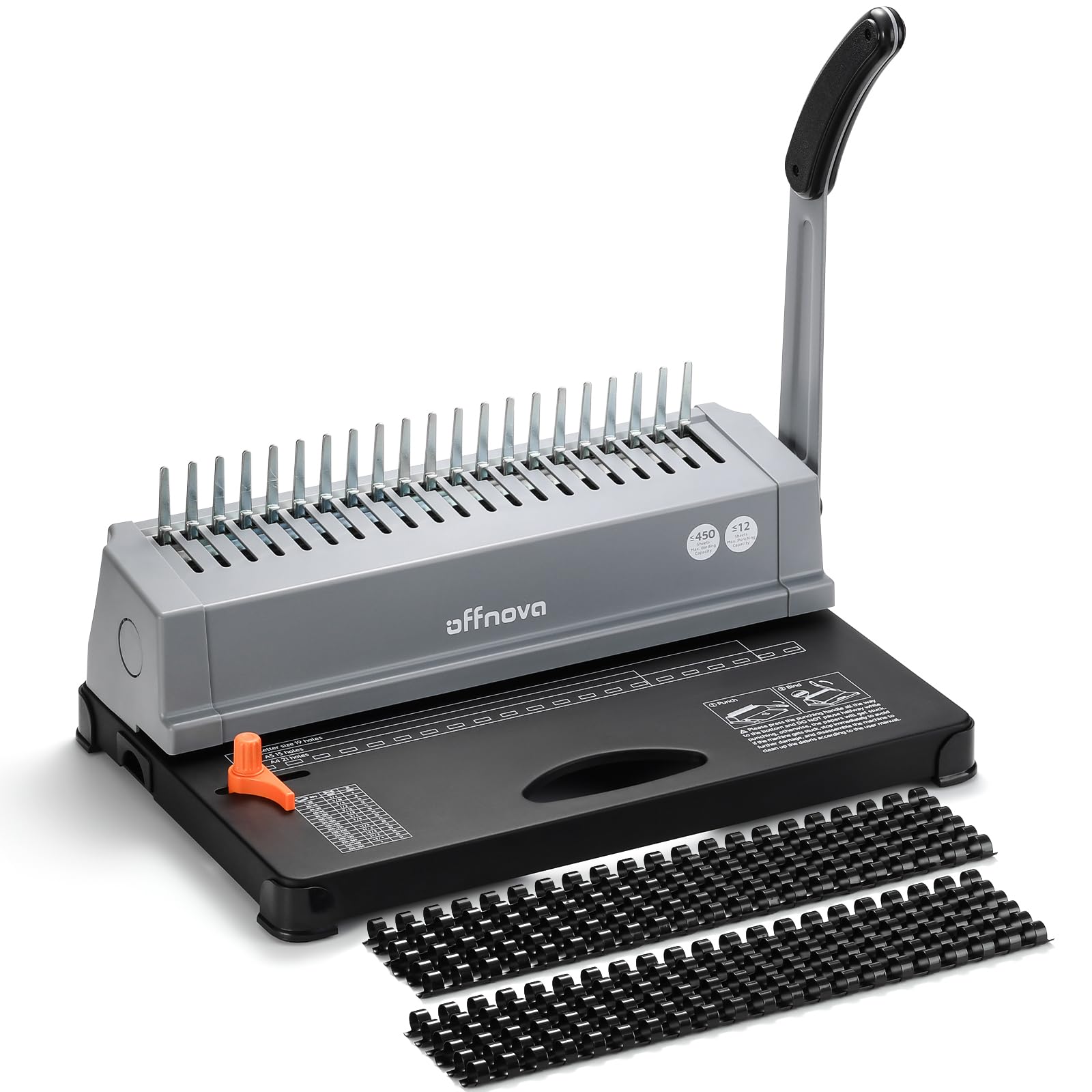OFFNOVA Kammbindemaschine BDM-01GY, 21-Loch Bindegerät bis 450 Blatt, mit Doppelarm-Griff und verstellbarer Randführung