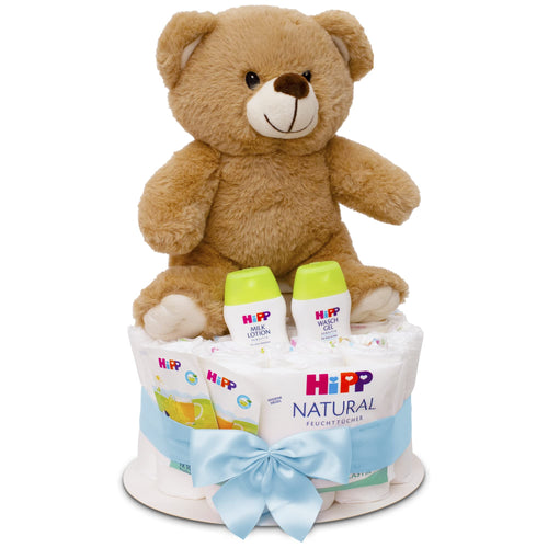 MilaBoo Windeltorte Junge Blau – Babygeschenk zur Geburt mit Teddybär, verpackt in Geschenkfolie