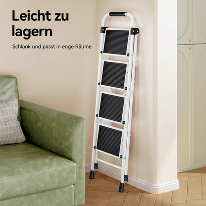 KINGRACK Trittleiter 4 Stufen, klappbare Stahlleiter mit Handlauf