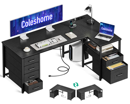 Coleshome Umkehrbarer L-Form Eckschreibtisch Schwarz 140x70cm USB-Anschluss. Bietet umkehrbare Arbeitsfläche mit USB-Anschluss für Büro & Gaming.