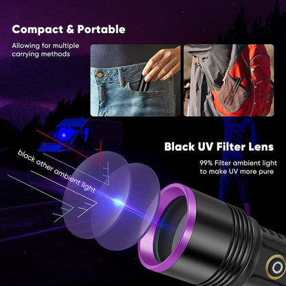 【Upgrade】30W 365nm UV Taschenlampe USB Aufladbar Schwarzlicht Taschenlampe UV Lampe Haustier Urin Detektor für Harzhärtung, Bernstein, Geocaching, Unechte Banknoten, A/C Leck, Heimtierurindetektoren