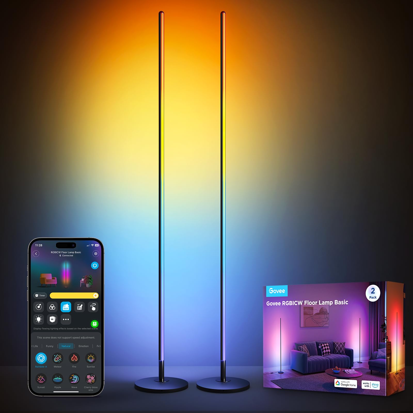 Govee Smarte RGBICW LED Stehlampe - 2er-Set Schwarz. Zwei schlanke, schwarze Stehlampen. Bietet smarte RGBICW-Beleuchtung zur dekorativen Raumgestaltung.