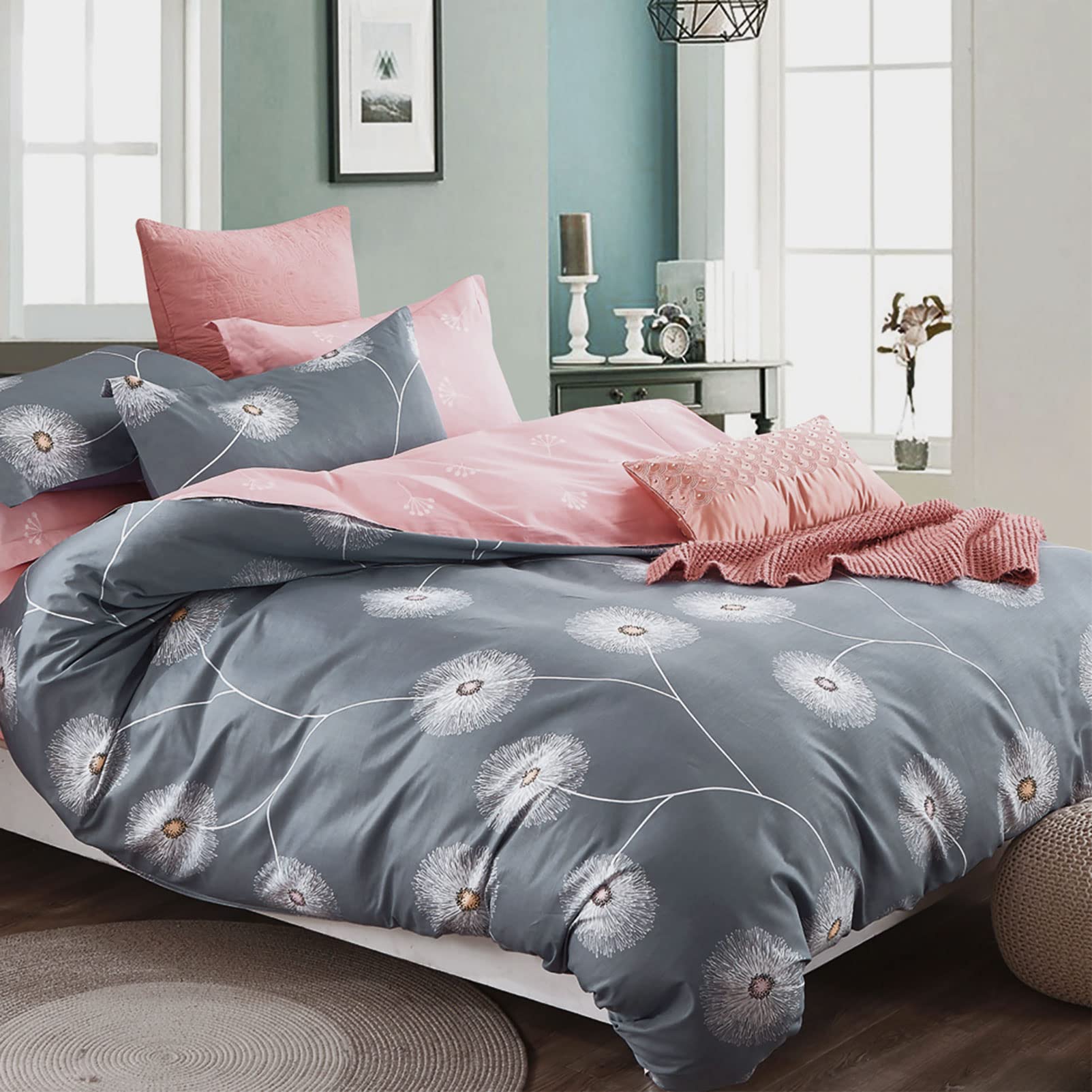 KEAYOO Wendebettwäsche Set 4-teilig Baumwolle Grau Rosa 135x200 – Löwenzahnmuster und Reissverschluss