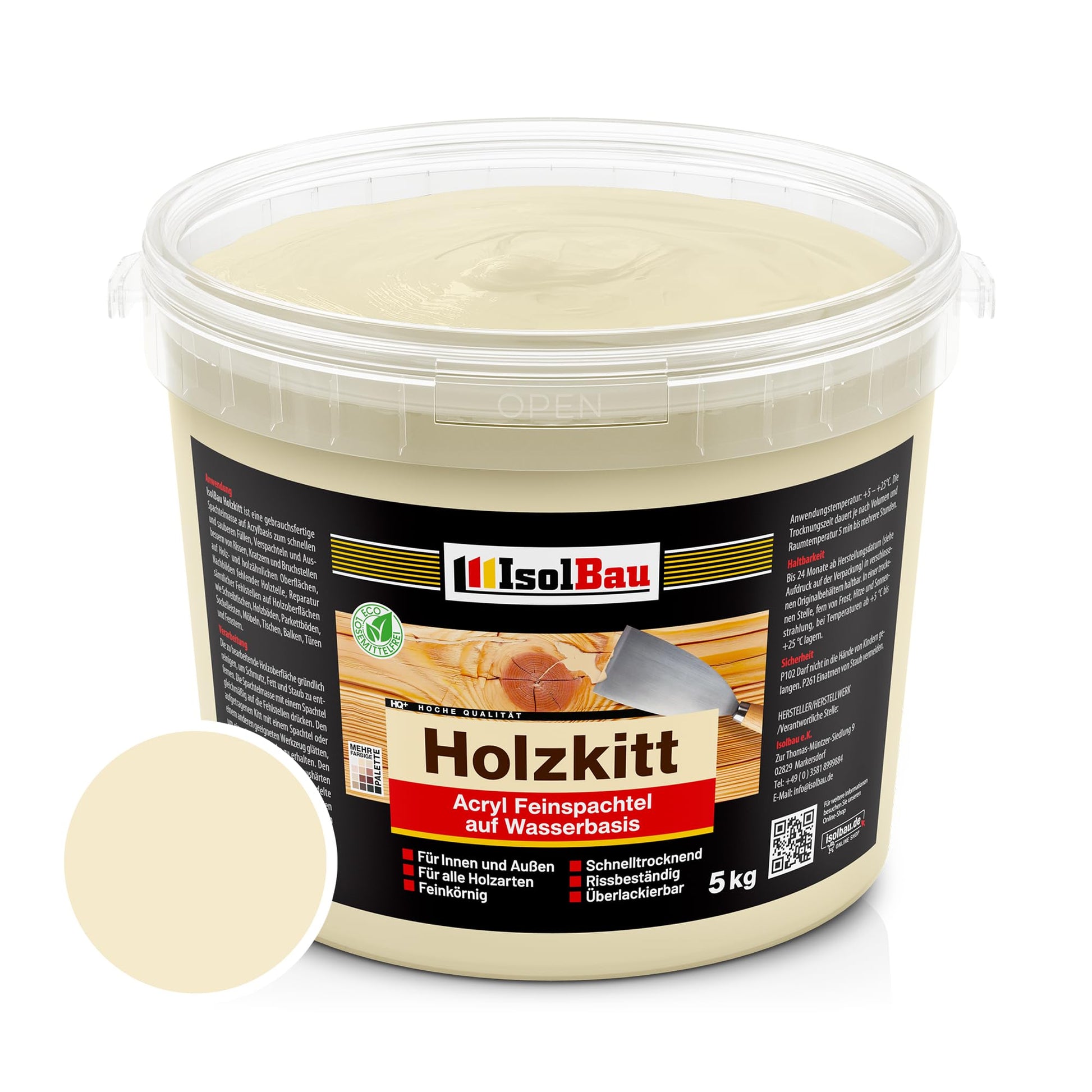 Isolbau Holz-Spachtelmasse 5 kg - Fichte für Holzreparatur. Fichtenfarbene Paste im Behälter füllt Risse und Löcher in Holz.