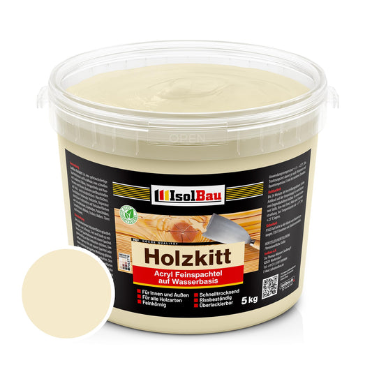 Isolbau Holz-Spachtelmasse 5 kg - Fichte für Holzreparatur. Fichtenfarbene Paste im Behälter füllt Risse und Löcher in Holz.