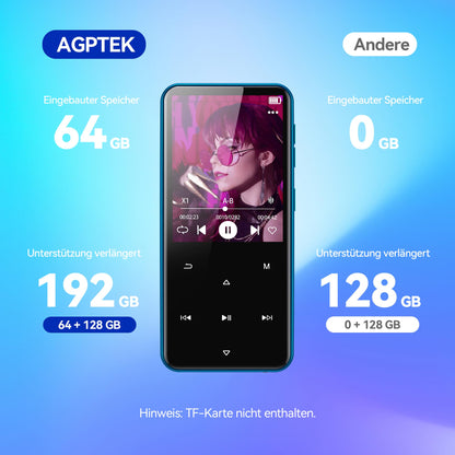 AGPTEK MP3 Player 64GB Bluetooth 5.3 mit Lautsprecher, Blau