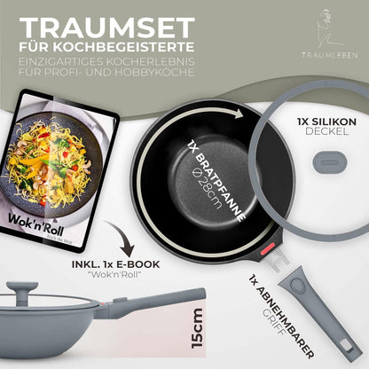 TRAUMLEBEN Wokpfanne Antihaft mit Deckel 28 cm Induktion Grau