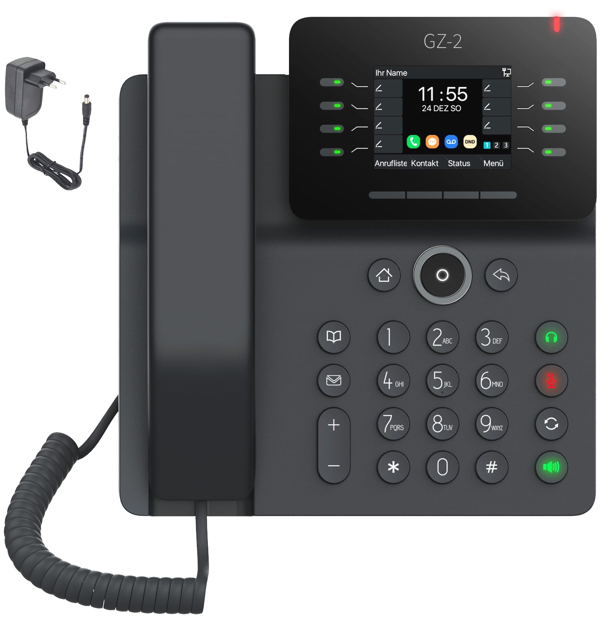 GEQUDIO IP Telefon GZ-2 mit Netzteil. Schwarzes IP-Telefon mit Display, Tastenfeld. Für VoIP-Telefonie an Fritzbox/Telekom Anschlusssystemen.