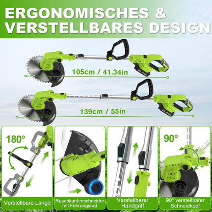 VOERJIA Akku Rasentrimmer 21V mit 2 Akkus, 4-in-1 Freischneider