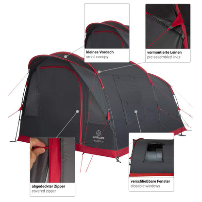 Justcamp Atlanta 3 Tunnelzelt – 3 Personen Familienzelt Stehhöhe