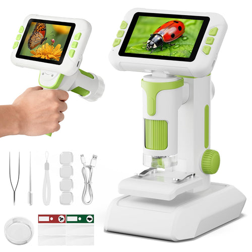 HEWEIMEI Kindermikroskop 1600x P2 mit 4,0-Zoll-Bildschirm, grün, mit Foto- und Videoaufnahme