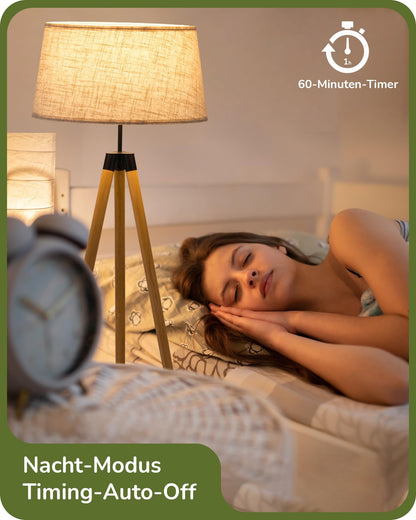 EDISHINE Stehlampe Dimmbar - Boho Holzstativ Leinen & Fernbedienung