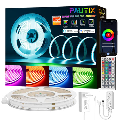 PAUTIX COB LED Streifen RGB 10m, dimmbar, 24V, WLAN, selbstklebend, flexibles Lichtband mit 5760 LEDs