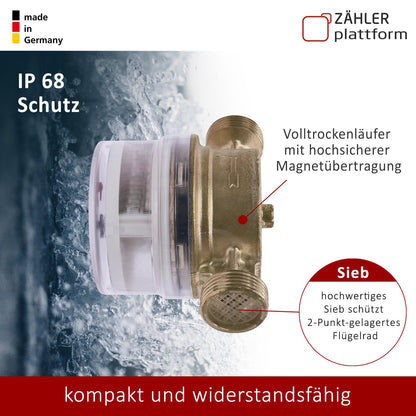 ZÄHLER plattform Wasserzähler Garten geeicht 2026 Wasseruhr MADE IN GERMANY Gartenwasserzähler Zapfhahn Qn 1,5 BL 110 mm 3/4 Zoll