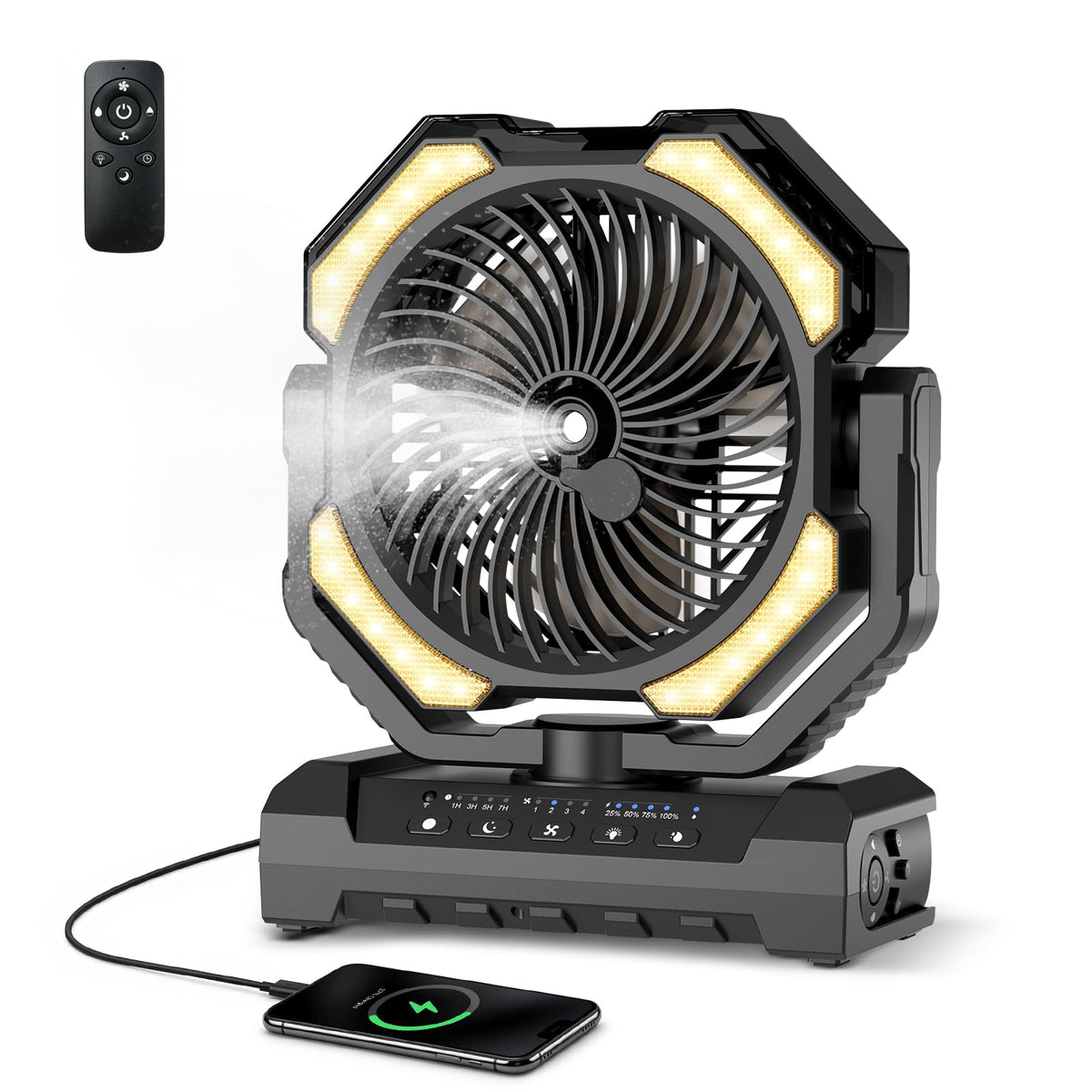 Ateroll Camping Ventilator mit Sprühnebel, 20000 mAh Akku und LED als Tischventilator mit Aufhängehaken