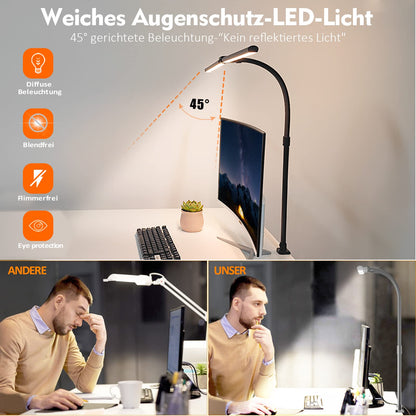 LOTTBUTY Doppelkopf LED-Schreibtischlampe, dimmbar, klemmbar, schwarz