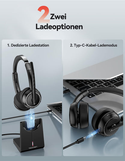 TECKNET Bluetooth Headset mit Mikrofon, AI Noise Cancelling, TK-HS016