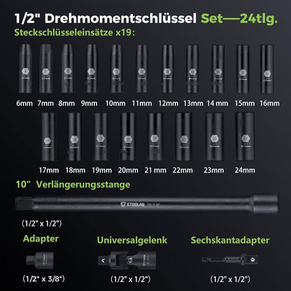 ETOOLAB 1/2" Drehmomentschlüssel Steckschlüsselsatz 20-230Nm, 24tlg.