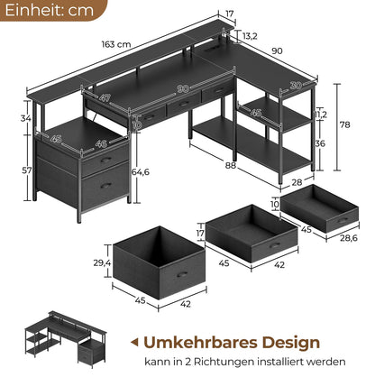 Rolanstar L-förmiger Schreibtisch reversibel mit Schubladen 163cm