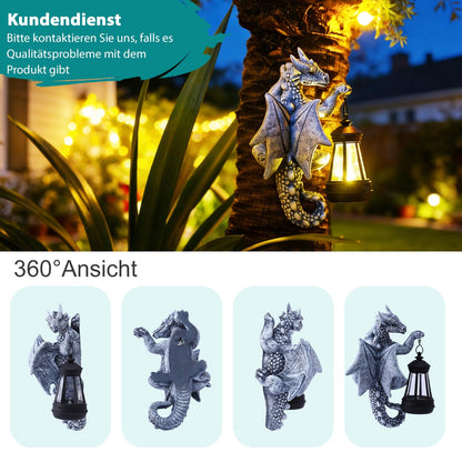Yeomoo Drachenfigur mit Solarleuchte, Gartendeko wetterfest, grau