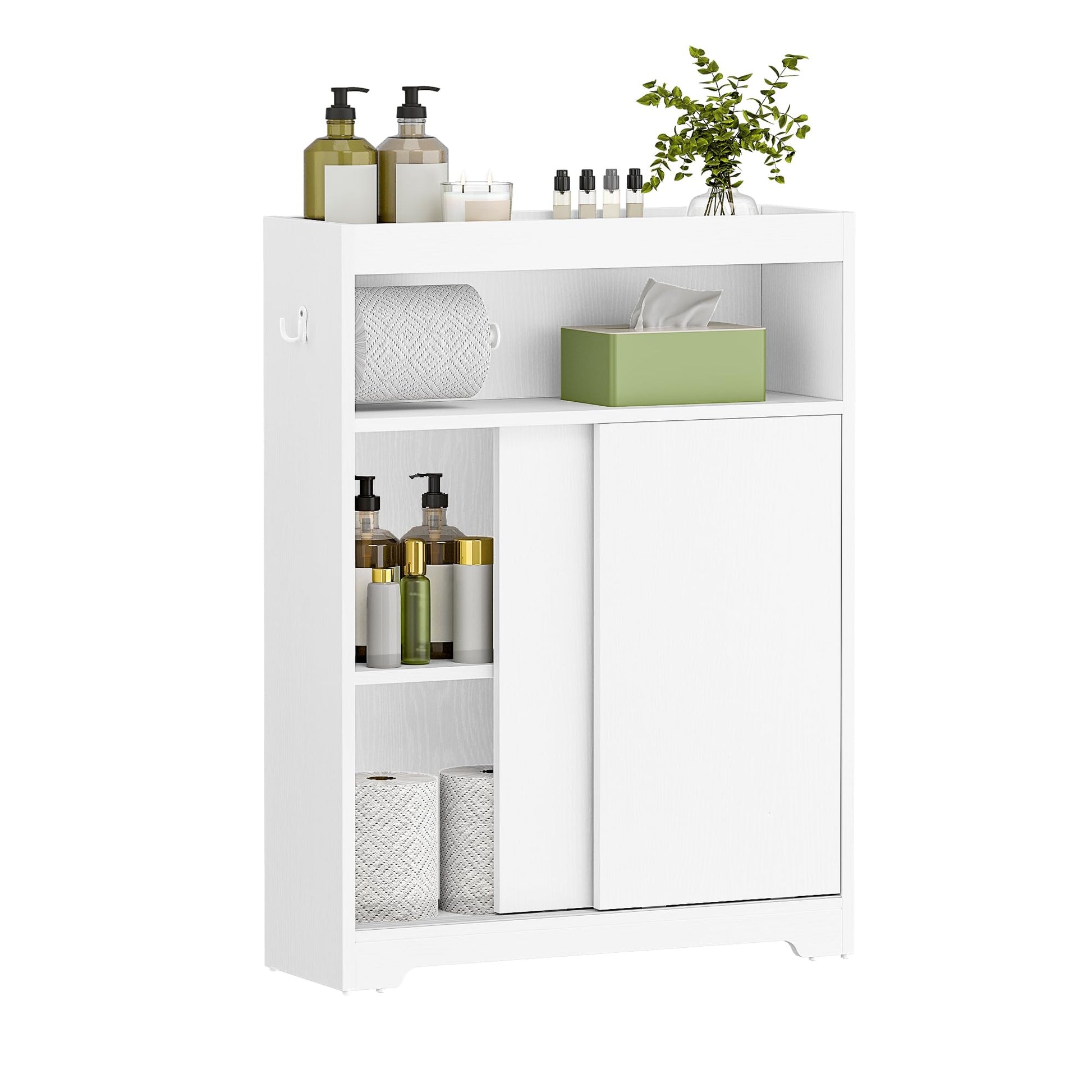 Hzuaneri Badezimmerschrank mit Schiebetür und Toilettenpapierhalter, weiss, schmale Bauform