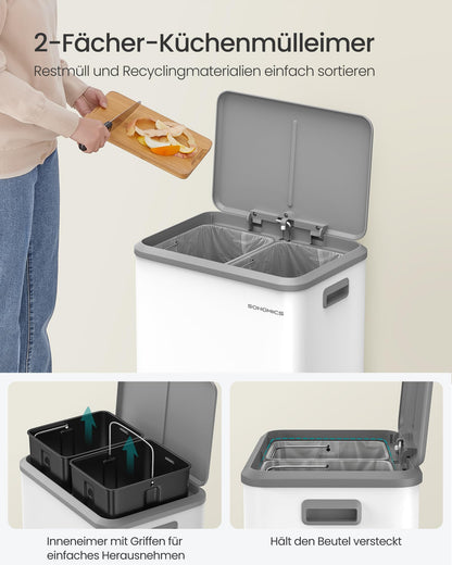 SONGMICS Mülleimer Küche, Mülltrennsystem 2 x 15 L, Softclose-Deckel