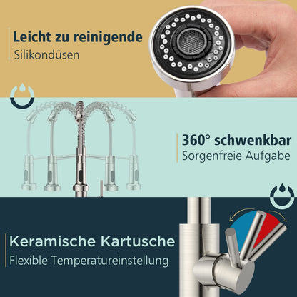 FORIOUS Küchenarmatur Hochdruck mit herausziehbarer Brause, Edelstahl