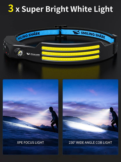 Smiling Shark Stirnlampe TD-0123-WH-2P, LED Kopflampe wiederaufladbar