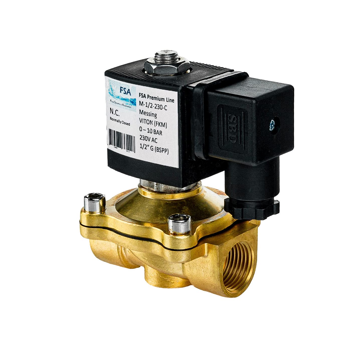 FSA Messing Magnetventil 1/2" 230V AC Viton stromlos geschlossen. Kompaktes Messinggehäuse. Steuert Fluidströmungen in Rohrleitungen.