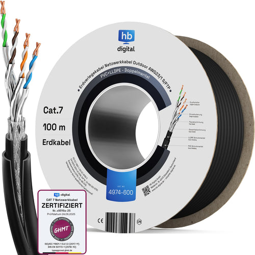 HB-DIGITAL CAT 7 Netzwerkkabel Outdoor 100m S/FTP für Erdverlegung, schwarzes Erdkabel mit Doppelmantel