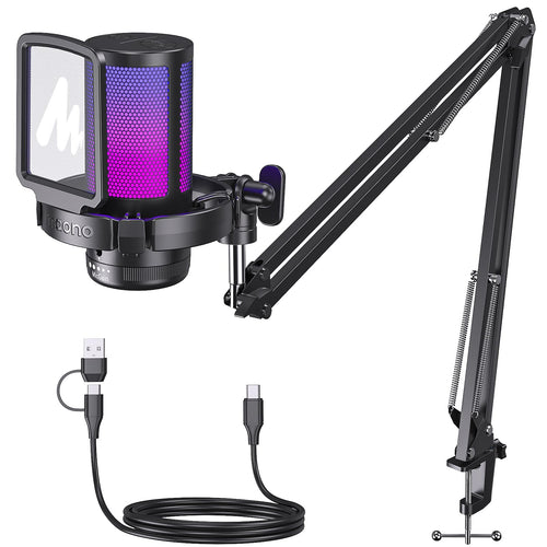 MAONO DGM20S USB Gaming Mikrofon mit Galgenarm und Popfilter, Kondensatormikrofon mit RGB-Beleuchtung