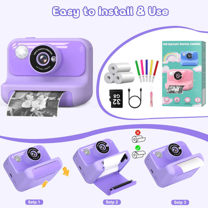 Hangrui H3 Kinderkamera Sofortbildkamera 1080P mit 32-GB-Karte, Lila