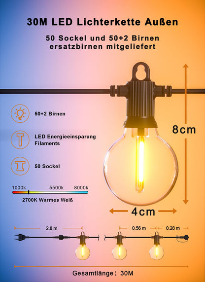 Zuske 30M Lichterkette Außen, LED Lichterkette Aussen strom mit 50+2 Warmweiße G40 Bruchsicher Glühbirnen, IP65 Wasserdicht Outdoor Lichterketten für Garten Terrasse Hochzeiten Partys Bistro Balkon