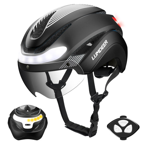 LUMDEER Fahrradhelm mit LED-Licht, Blinker und selbsttönendem Visier, beleuchtet vorne und hinten