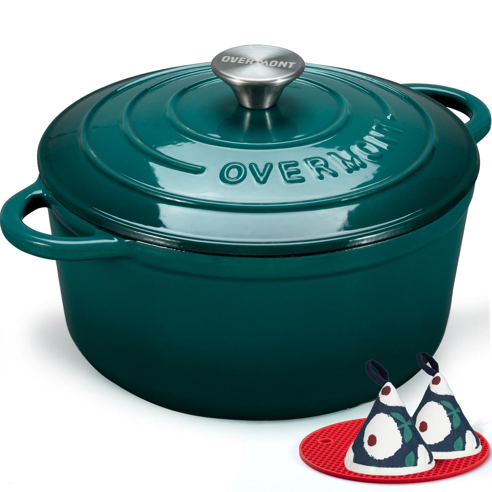 Overmont Bräter Gusseisen emailliert 24 cm mit Deckel Seeblau, runde Form