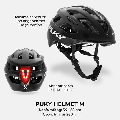 PUKY Helmet M Kinderhelm Schwarz, 54-58 cm, mit Licht-Modul