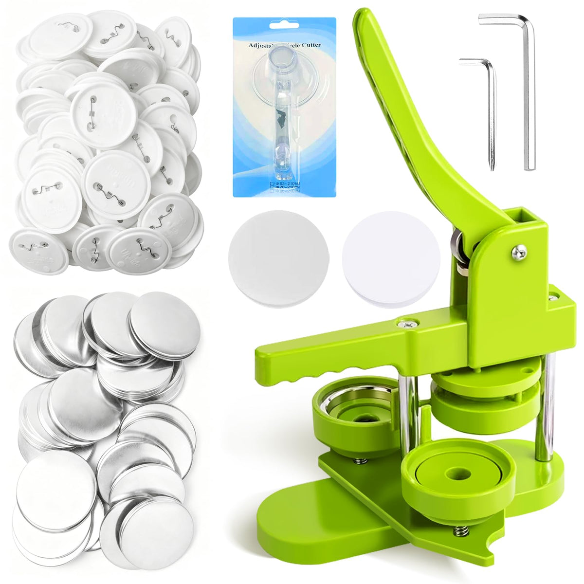 WARM&LOVE Buttonmaschine 58 mm – Buttonpresse Set mit 100 Rohlingen, Kunststoffgehäuse, Kreisstanzer