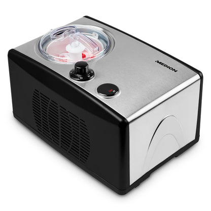 MEDION MD 18387 Eismaschine. Kompaktes, silbernes Gehäuse. Erzeugt bis zu 1.5 Liter Eiscreme oder Sorbet ohne Vorkühlen.
