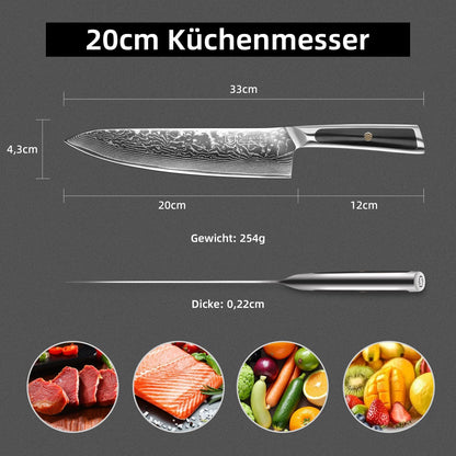 Sunnecko Damastmesser 20 cm – Kochmesser aus 67-lagigem Damaststahl
