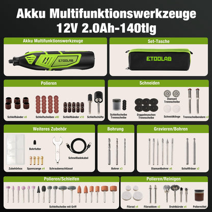 ETOOLAB RT12 Akku-Multifunktionswerkzeug 12V, 140-tlg. Zubehör-Set