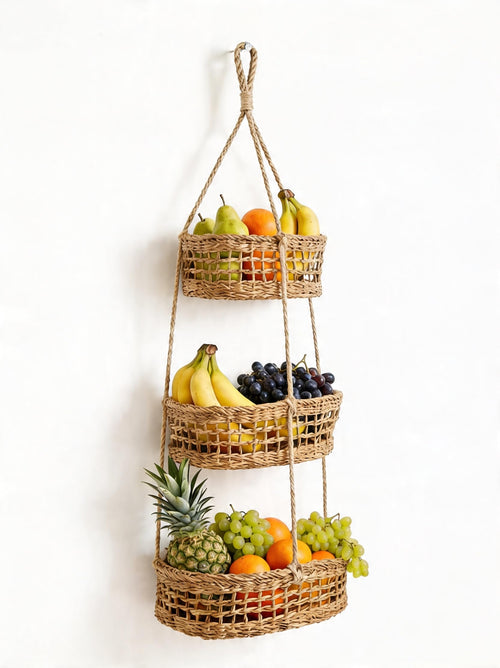 FRUIT HUB Obstkorb hängend aus Seegras – Hängekorb mit 3 Etagen, Wandkorb für Obst und Gemüse