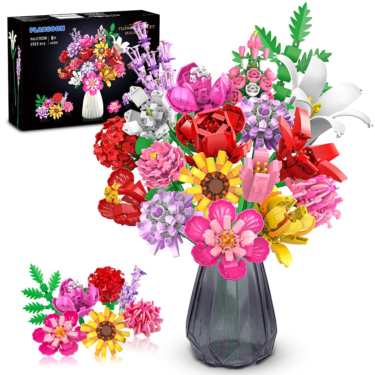 PLAXSOON Blumen Bauset C9250, Blumenstrauss Bausteine, 1464 Teile mit 18 verschiedenen Blumen aus ABS