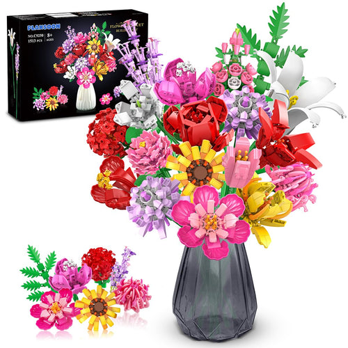 PLAXSOON Blumen Bauset C9250, Blumenstrauss Bausteine, 1464 Teile mit 18 verschiedenen Blumen aus ABS