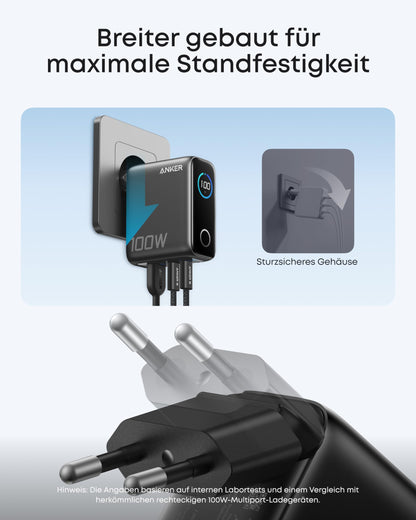 Anker 100W USB-C Ladegerät, 3-Port GaN Wandladegerät mit Display