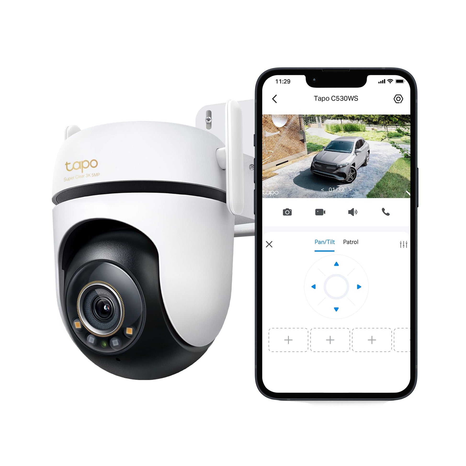 Tapo C530WS 360° Aussen-Überwachungskamera 3K 5MP Starlight. Weisse, runde Kamera zur 360°-Überwachung von Aussenbereichen.